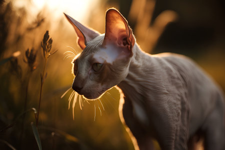 Portrait of a purebred sphynx cat in the sunset light.の素材