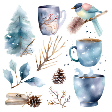 Watercolor winter set with fir branches, pine cones, birds and cup of coffee. Hand painted illustration isolated on white backgroundの素材