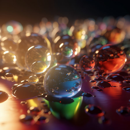 Colorful drops of water on a dark background. 3d renderingの素材
