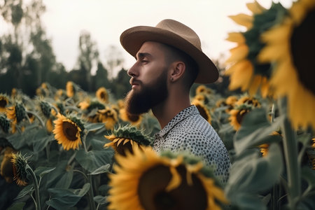 Portrait of a young man in a hat standing in a sunflower field.の素材