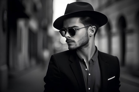 Portrait of a handsome man wearing a hat and sunglasses. Men's beauty, fashion.の素材