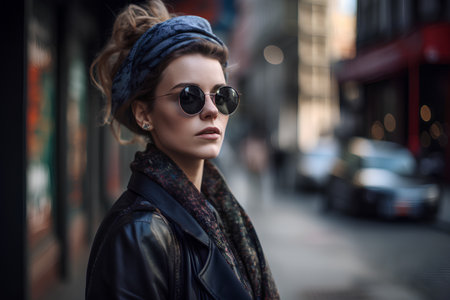 Stylish young woman in sunglasses and a headscarf on the street.の素材