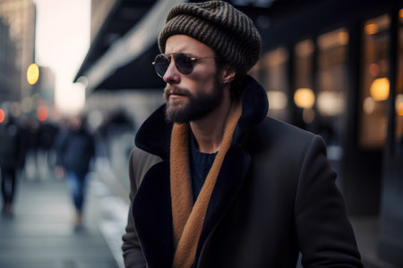 Portrait of a stylish young man in a hat and coat on the streetの素材