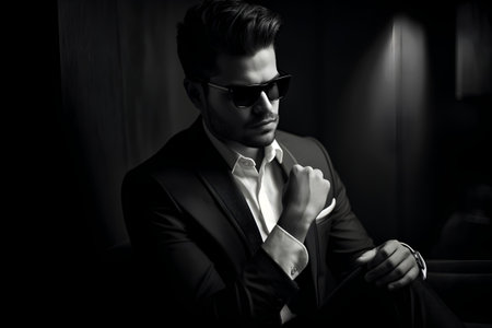 Elegant young handsome man in dark suit and sunglasses. Studio fashion portrait.の素材