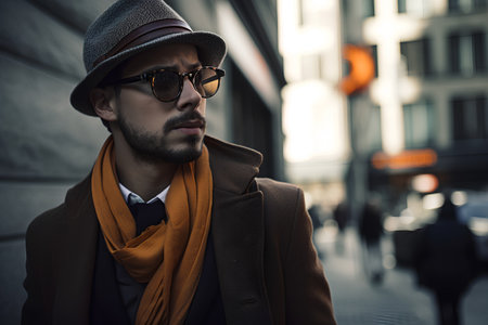 Portrait of a handsome young man in a hat and sunglasses. Men's beauty, fashion.の素材