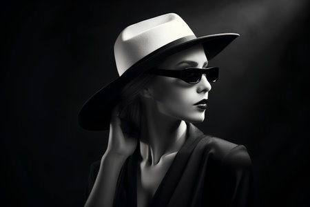 Fashion portrait of beautiful woman in hat and sunglasses on dark backgroundの素材