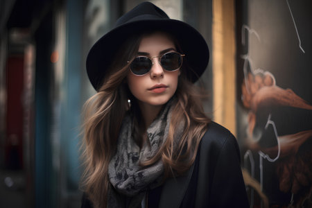 Portrait of a beautiful young woman in black hat and sunglasses on the streetの素材