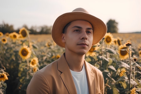 Young man in a sunflower field at sunset wearing a straw hatの素材