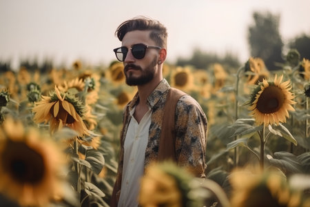 young handsome bearded hipster man in sunflower field on summer dayの素材