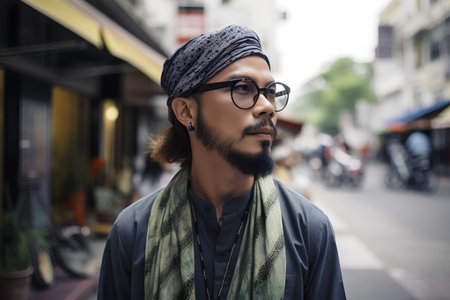 Portrait of a handsome young Indian man wearing a headscarf and glassesの素材