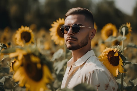 Portrait of young handsome man in sunflower field. Men's beauty, fashion.の素材