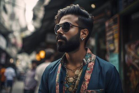 Hipster man with beard and sunglasses in the streets of Mumbaiの素材