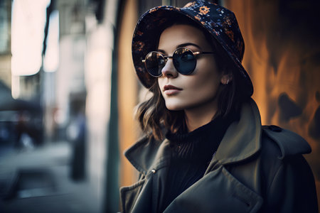 Fashionable young woman in a hat and coat on the street.の素材