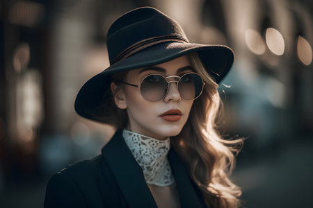 Fashion portrait of a beautiful young woman in a hat and sunglasses.の素材