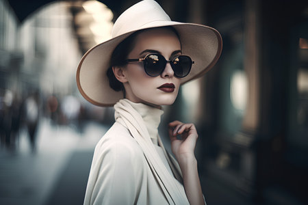 Fashion shot of a beautiful woman in a hat and sunglasses.の素材