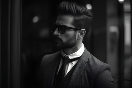 Handsome young man in elegant suit and sunglasses. Black and white photo.の素材