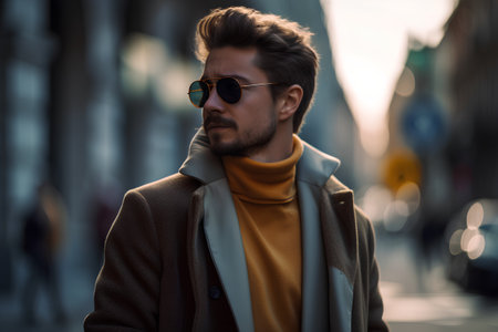 Handsome young man in a coat and sunglasses on the street.の素材