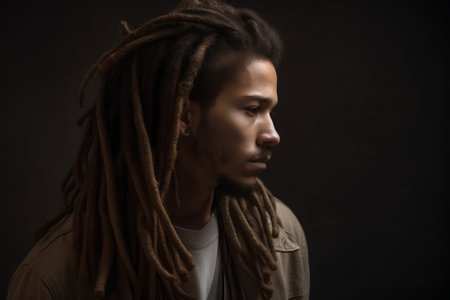 Portrait of a young man with dreadlocks on a dark backgroundの素材