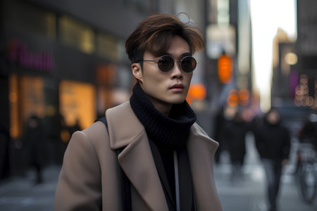 Portrait of handsome asian man wearing a coat and sunglasses.の素材