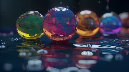 Colorful glass balls on a dark background with water drops and reflectionの素材