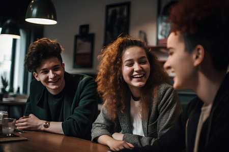 Group of young people sitting in a cafe, talking and laughing.の素材