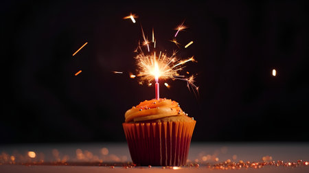 Birthday cupcake with sparkler on black background. Copy spaceの素材