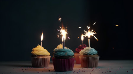 Delicious birthday cupcakes with sparklers on a black background.の素材