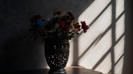 Dried flowers in a vase on the table in the sunlightの素材