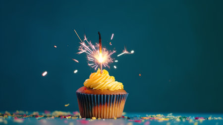 Birthday cupcake with sparkler on blue background with copy spaceの素材