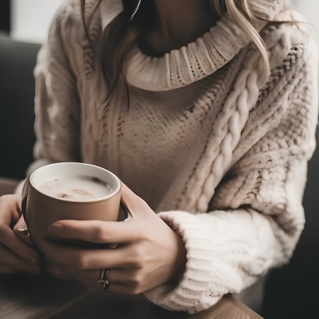 Woman holding a cup of hot coffee in a cafe, close upの素材