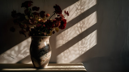 Bouquet of flowers in a vase with shadow on the wallの素材