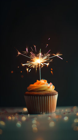 Birthday cupcake with sparkler on black background, space for textの素材