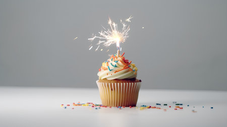 Birthday cupcake with sparkler on white background, copy spaceの素材