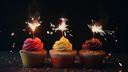 Cupcakes with sparklers on black background, close-upの素材