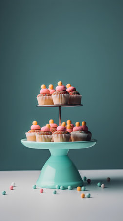 Cupcakes with colorful candies on turquoise stand on white tableの素材
