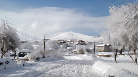 Winter landscape in the swiss alps with snow covered trees and housesの素材