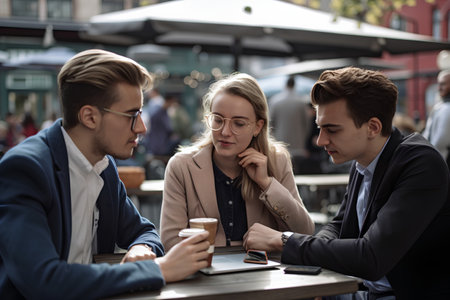 Group of young business people talking and drinking coffee in a street cafeの素材