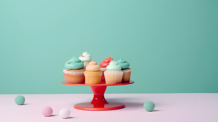 Cupcakes with buttercream frosting and candies on a standの素材