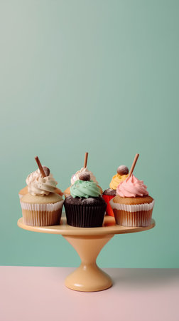 Colorful cupcakes on pastel background. Minimal style.の素材