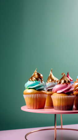 Colorful cupcakes on a stand on a green background with copy spaceの素材