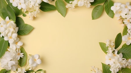 Frame made of jasmine flowers and green leaves on yellow backgroundの素材