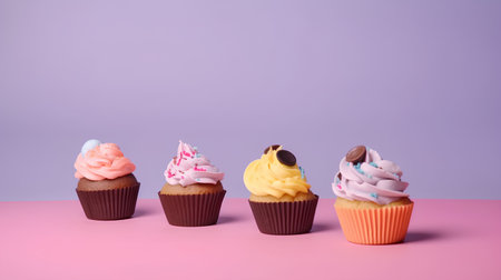Cupcakes with pink, yellow and blue frosting on a pink backgroundの素材