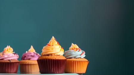 Cupcakes with colorful buttercream frosting on blue background.の素材