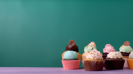 Cupcakes with chocolate and vanilla frosting on a green backgroundの素材