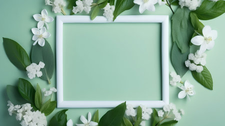 Frame with white flowers and green leaves on green background. Flat lay, top viewの素材