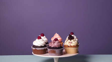 Delicious cupcakes on stand on table against color background. Space for textの素材