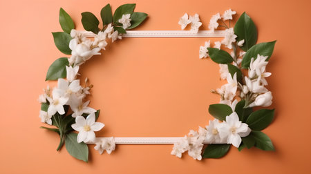 Frame made of white jasmine flowers and green leaves on orange backgroundの素材