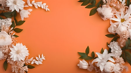 Flowers composition. Frame made of white flowers on orange background. Flat lay, top view, copy spaceの素材