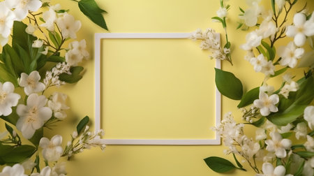 Frame with jasmine flowers on yellow background. Flat lay, top viewの素材