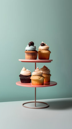 cupcakes on a stand on a blue background, 3d renderの素材